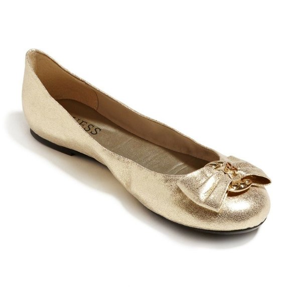 GUESS Womens Girl Friend Ferne Gold Fabric Ballet Flats Shoes with Bow ALL SIZES - Picture 1 of 16